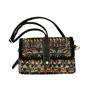 SakRoots Crossbody Bag Coated Canvas Black Multicolor Oilcloth Neon